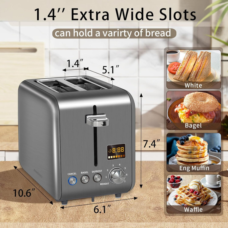 SEEDEEM Toaster 2 Slice, Stainless Steel w/ Colorful LCD Display, 7 Bread Shade Settings