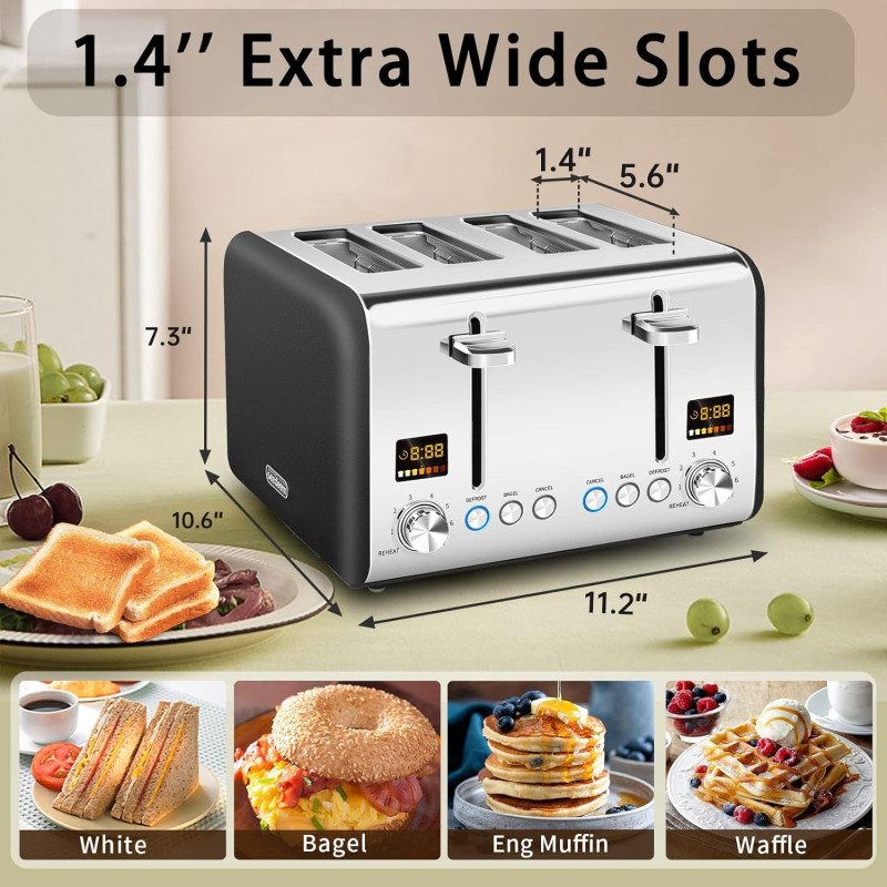 SEEDEEM 4 Slice Toaster, Stainless Steel w/ Colorful LCD Display, 7 Bread Shade Settings