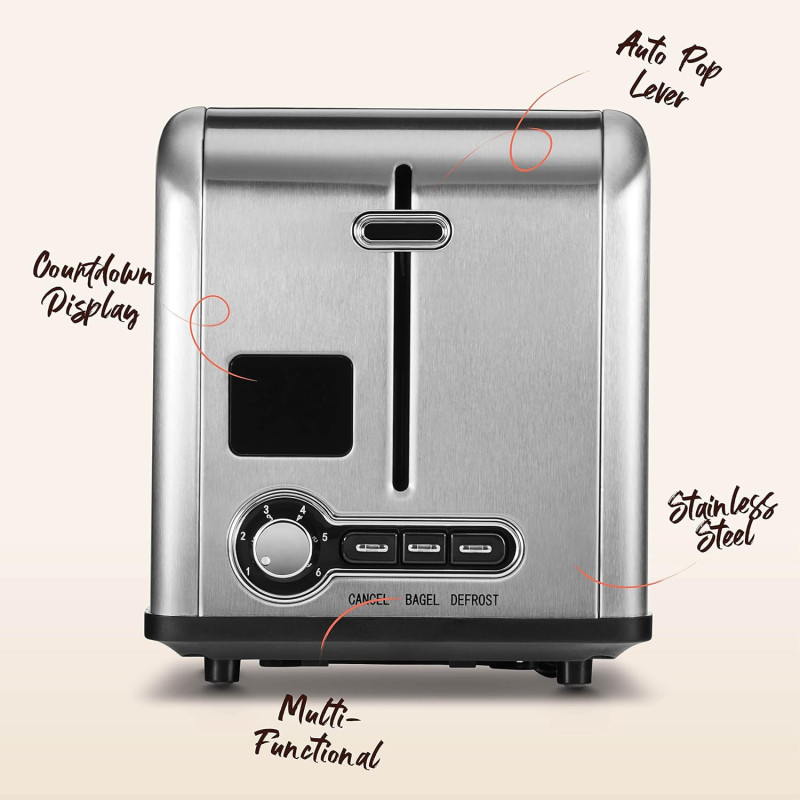 Peach Street Slice Toaster w/ Digital Countdown, Wide Slots, Auto-Pop Stainless Steel