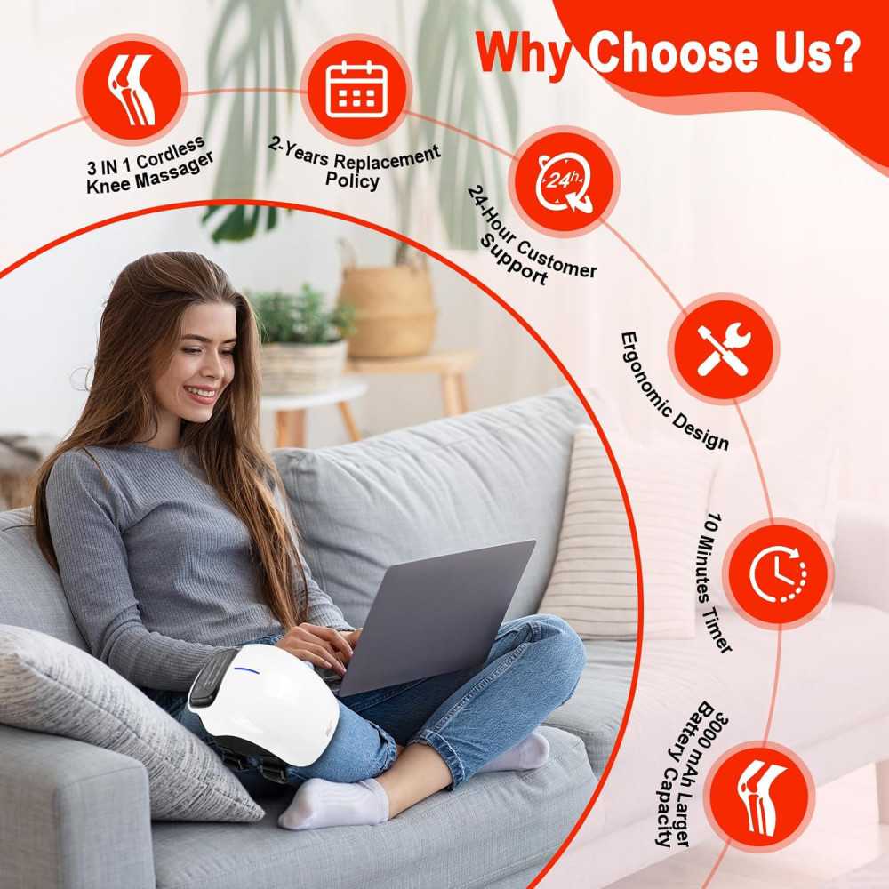 Cordless Knee Massager with Heat, Light Therapy, and Relaxing Massage | TekChoice Electronics