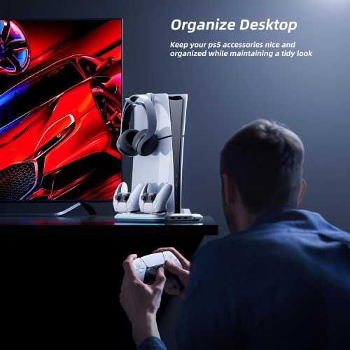 PS5 Slim Cooling Station Stand with Dual Controller Charging, Cooling Fan, RGB Lights, and More | TekChoice Electronics