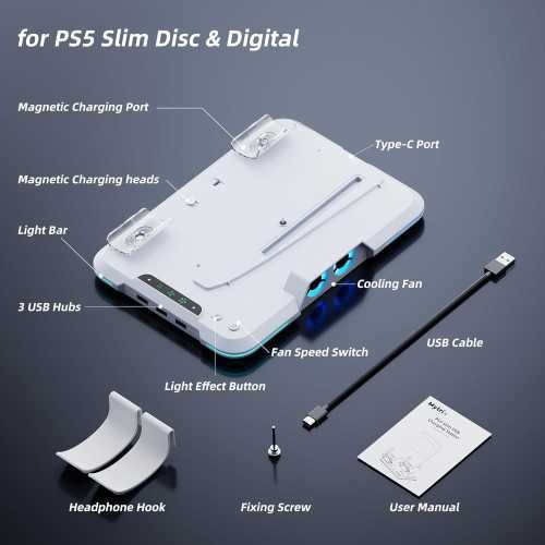 PS5 Slim Cooling Station Stand with Dual Controller Charging, Cooling Fan, RGB Lights, and More | TekChoice Electronics