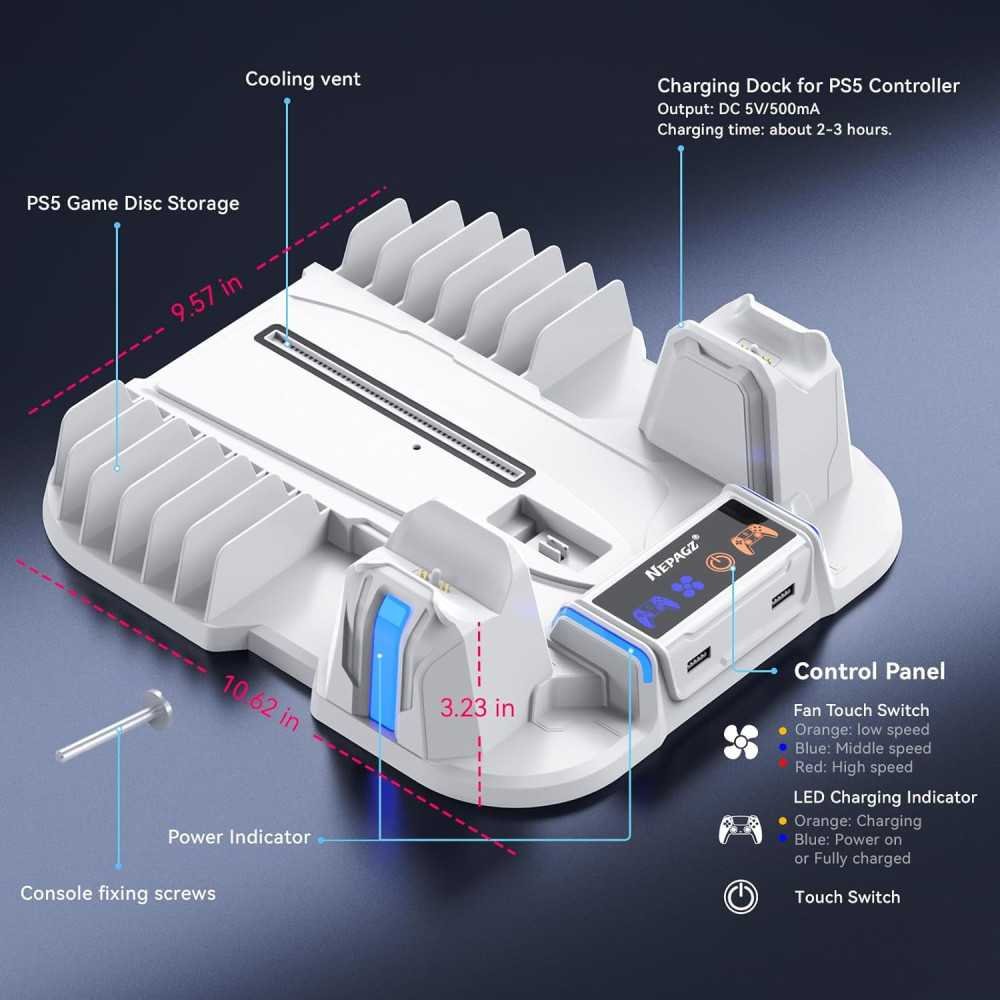 PS5 Slim Console Cooling Stand with Charging Station and Game Storage | TekChoice Electronics
