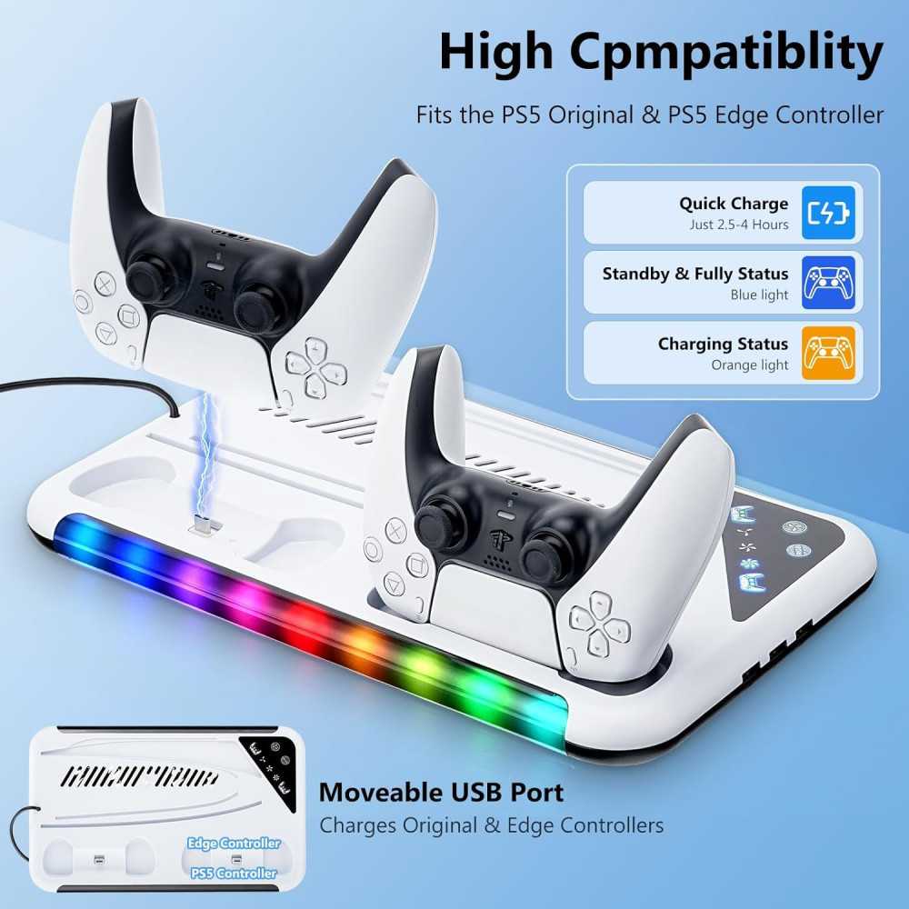 PS5 Slim Stand with Built-in Cooling System, Controller Charging ...