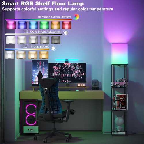 Multifunctional Floor Lamp with Smart Control, RGB Bulb, and 4-Tier Shelves | TekChoice Electronics
