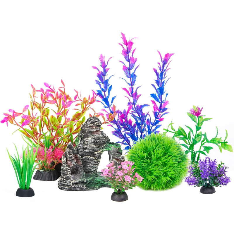 Aquarium Artificial Plastic Plants Decoration: Pink Cherry Blossom Tree & Grass Aquarium Decor Set