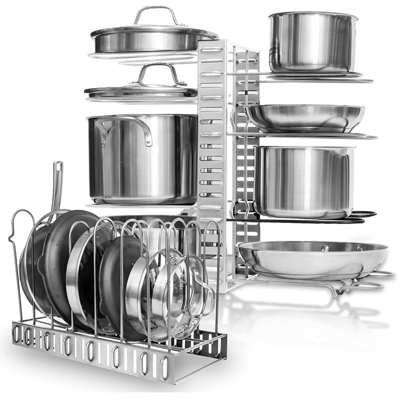 Pots and Pans Organizer Cabinet - Adjustable & Durable Iron Pot Rack Pot Lid Holder - Accommodates 8+ Kitchen Utensils