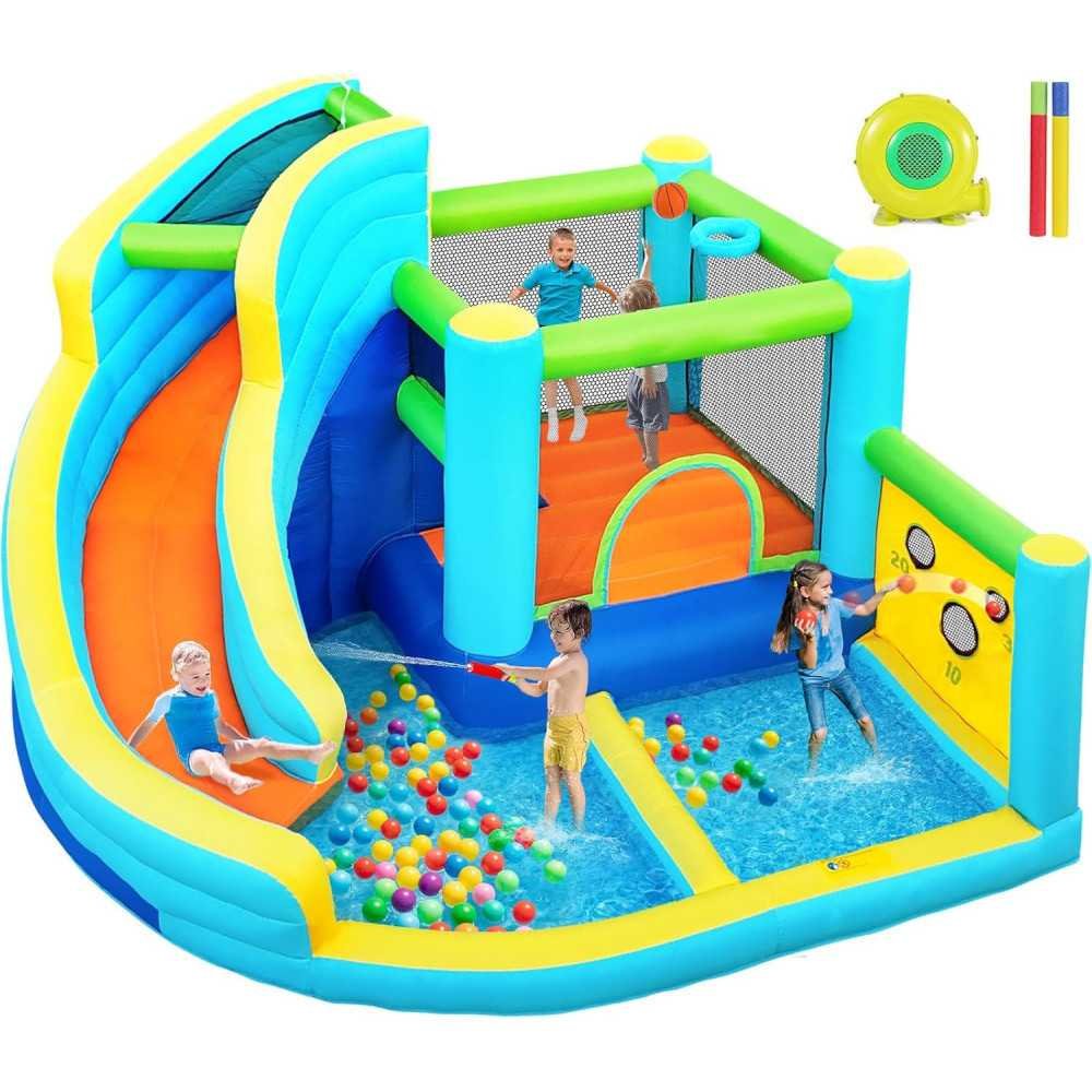 Inflatable Bounce House Adventure with Water Slide, Climbing Wall, Ball Shooting, and Splash Pool | TekChoice Electronics