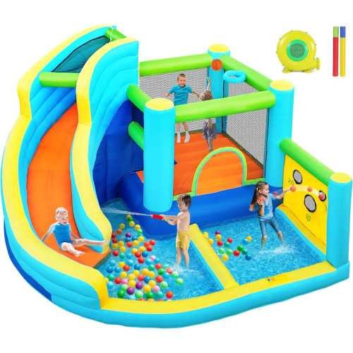 Inflatable Bounce House Adventure with Water Slide, Climbing Wall, Ball Shooting, and Splash Pool | TekChoice Electronics