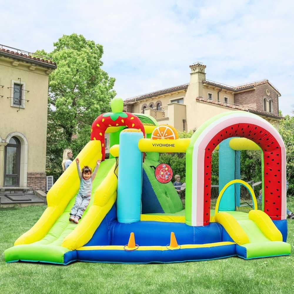 Fruit-Themed 7-in-1 Bounce House Adventure for Kids with Slide, Basketball, and Water Pool | TekChoice Electronics