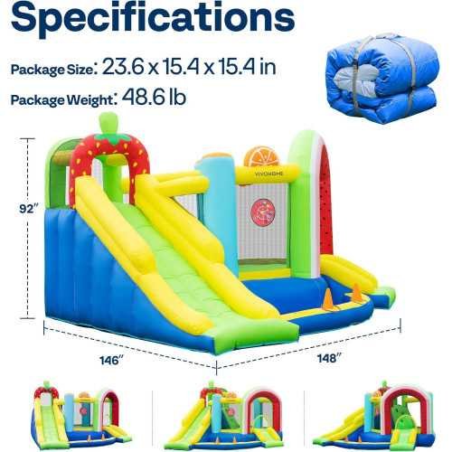 Fruit-Themed 7-in-1 Bounce House Adventure for Kids with Slide, Basketball, and Water Pool | TekChoice Electronics