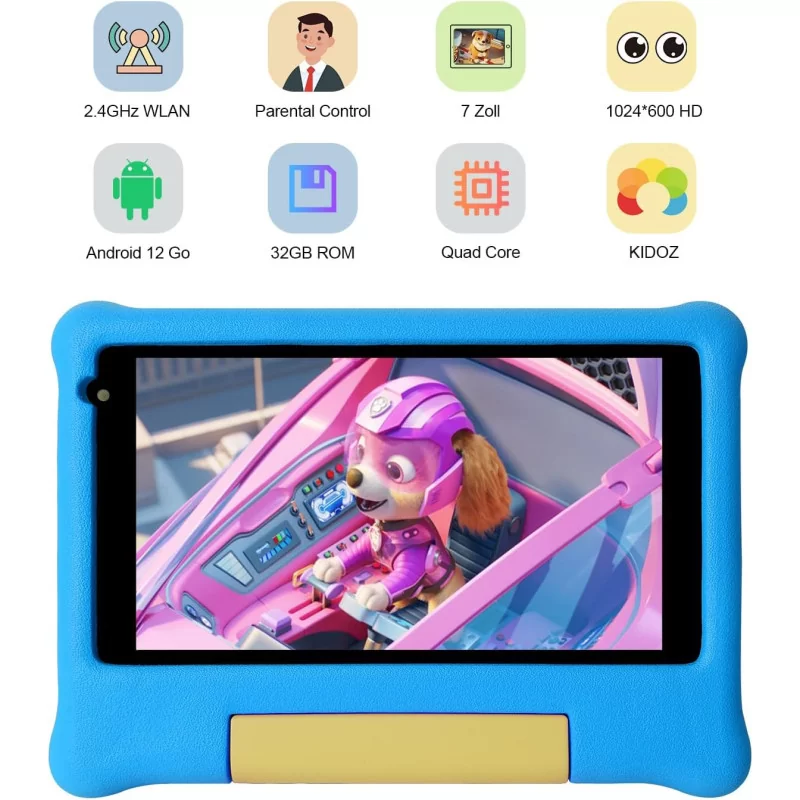 Android 12, 7" HD Display Kids Tablet - w/  2GB RAM + 32GB ROM,  Quad Core, Bluetooth, Dual Camera and Wi-Fi