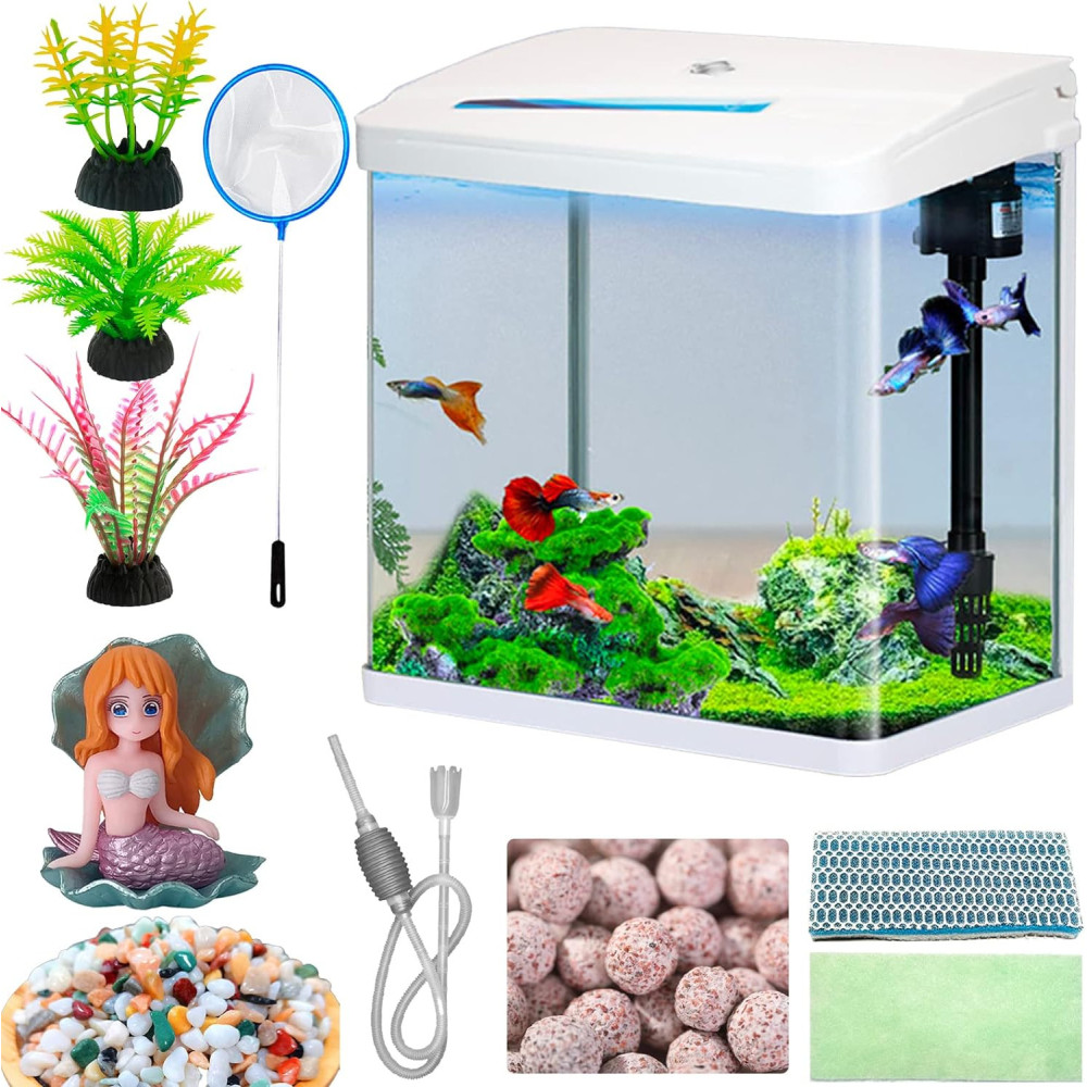 (4.35 Gallon) Aquarium Starter Kit For Shrimp, Small Fish w/ Pump LED Light, Simulated Water Plants and Filtering Materials