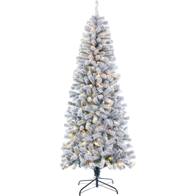 Pre-Lit Slim Flocked Christmas Tree w/ 747 Hinged Tips, 210 Led Lights and Metal Stand