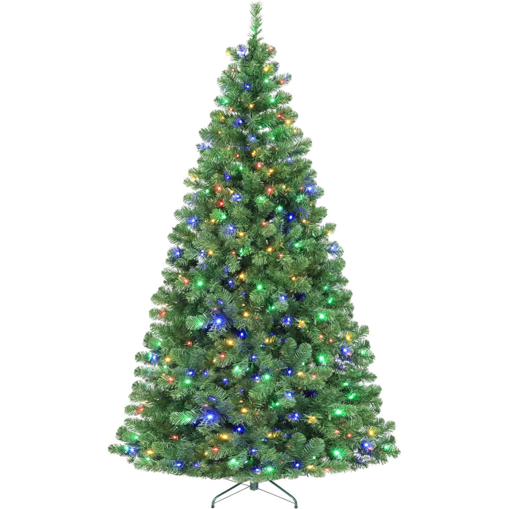 Pre-Lit Artificial Christmas Tree - 300 Color Changing LED Lights w/ Metal Stand and Hinged Branches