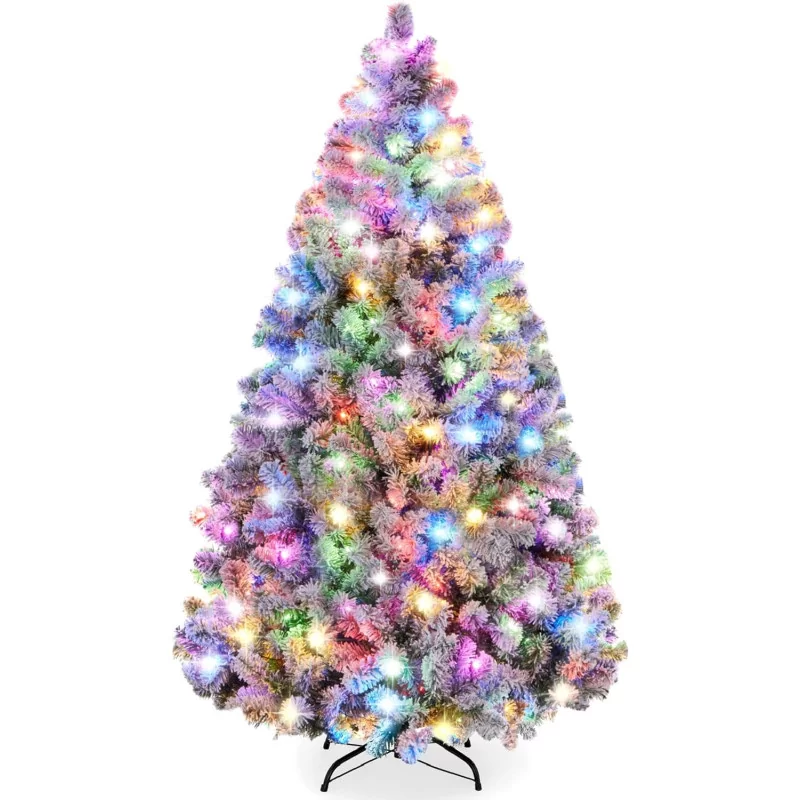 Pre-Lit Artificial Snow Flocked Pine Tree w/ 200 Warm-White and Multicolored Lights