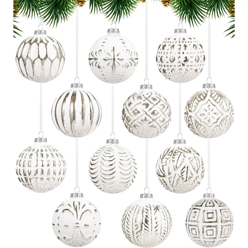 12ct Large Farmhouse Christmas Metal Glass Ball Ornaments