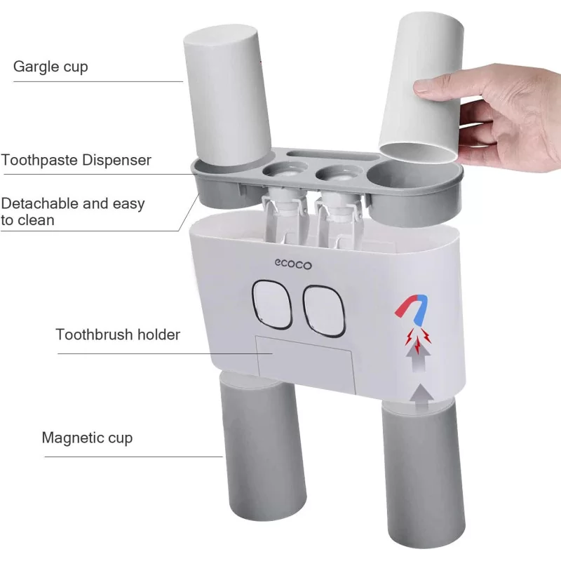 Toothbrush Holder: Wall-Mounted, Multifunctional Organizer w/ 2 Dispensers and 5 Compartments