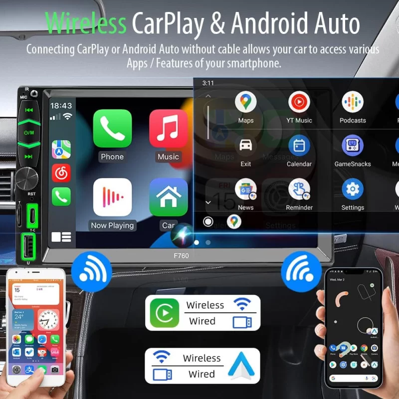 Wireless 7 Inch LCD Touchscreen Double Din Car Stereo w/ Wireless Apple CarPlay and Android Auto