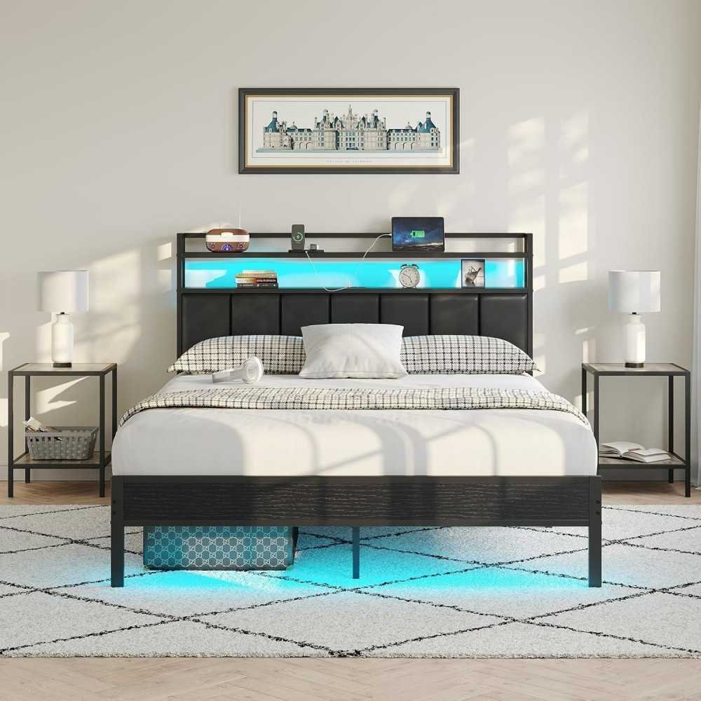 Modern Metal Bed Frame with Headboard, Charging Station, and LED for Storage and Serenity