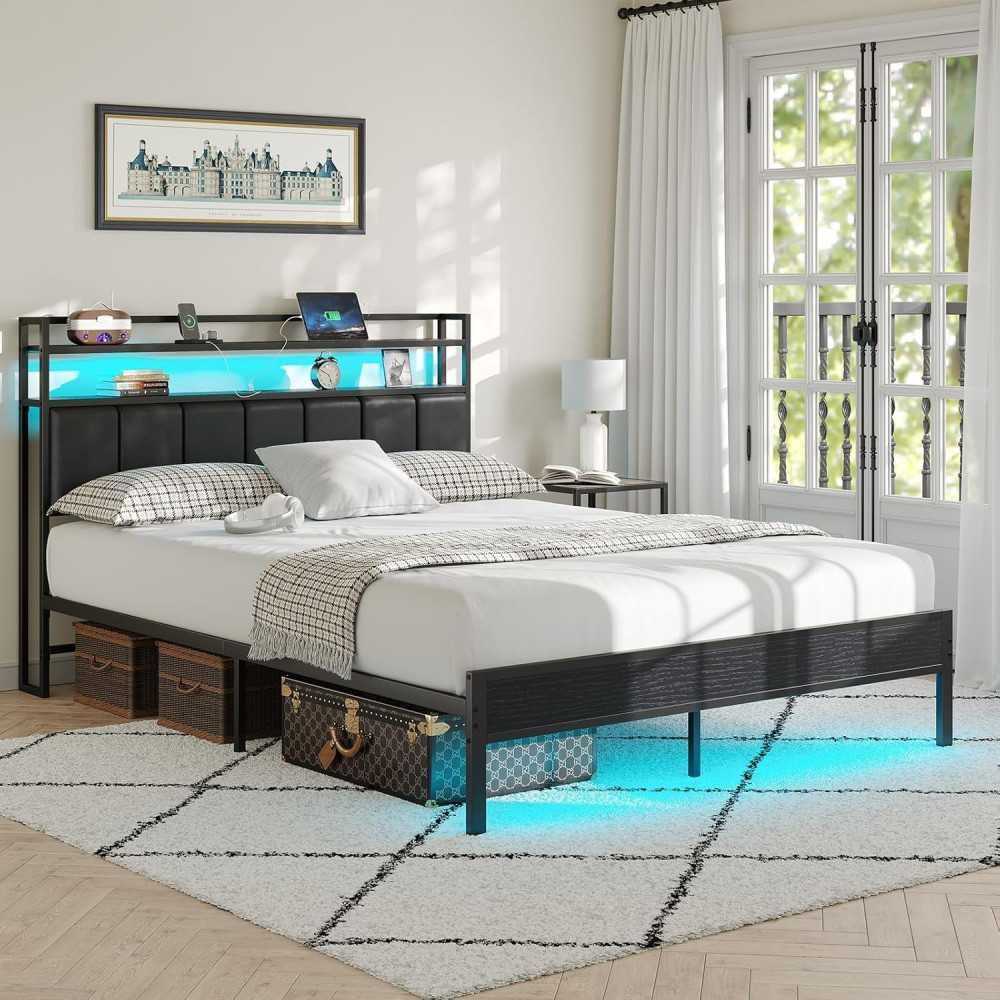 Modern Metal Bed Frame with Headboard, Charging Station, and LED for Storage and Serenity