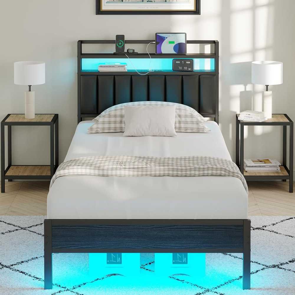 Modern Metal Bed Frame with Headboard, Charging Station, and LED for Storage and Serenity | TekChoice Electronics