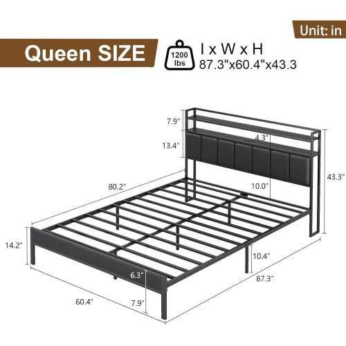 Modern Metal Bed Frame with Headboard, Charging Station, and LED for Storage and Serenity