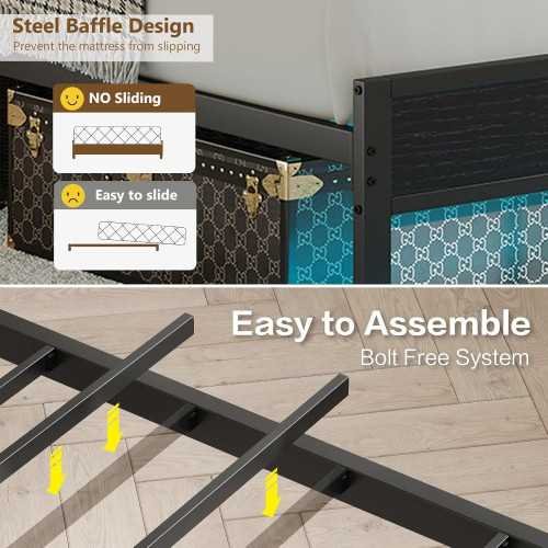 Modern Metal Bed Frame with Headboard, Charging Station, and LED for Storage and Serenity