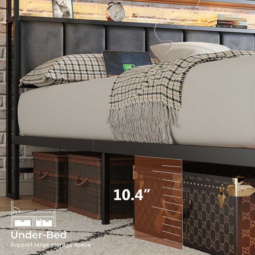 Modern Metal Bed Frame with Headboard, Charging Station, and LED for Storage and Serenity