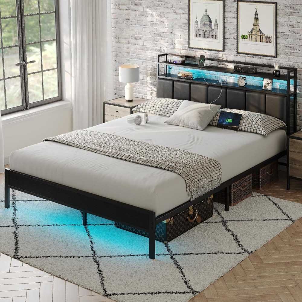 Modern Metal Bed Frame with Headboard, Charging Station, and LED for Storage and Serenity | TekChoice Electronics