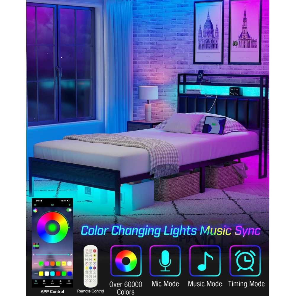 Modern Metal Bed Frame with Headboard, Charging Station, and LED for Storage and Serenity | TekChoice Electronics