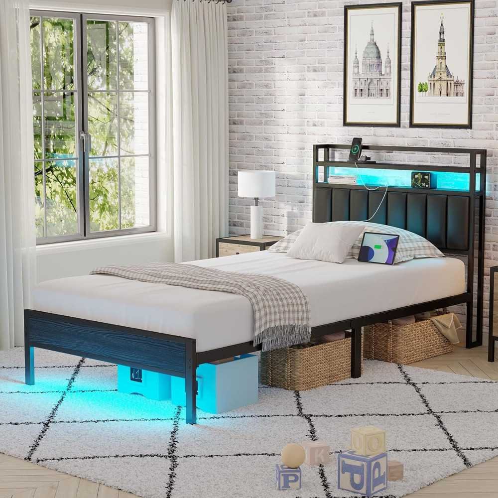 Modern Metal Bed Frame with Headboard, Charging Station, and LED for Storage and Serenity | TekChoice Electronics