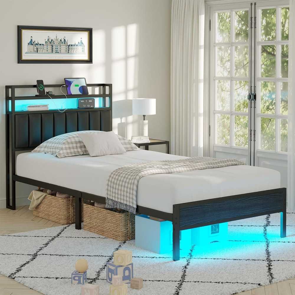 Modern Metal Bed Frame with Headboard, Charging Station, and LED for Storage and Serenity | TekChoice Electronics