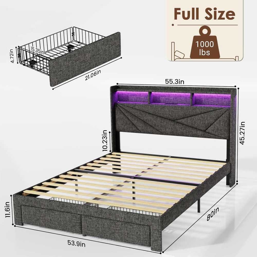 Modern LED Bed Frame with 2 Storage Drawers and Charging Station | TekChoice Electronics