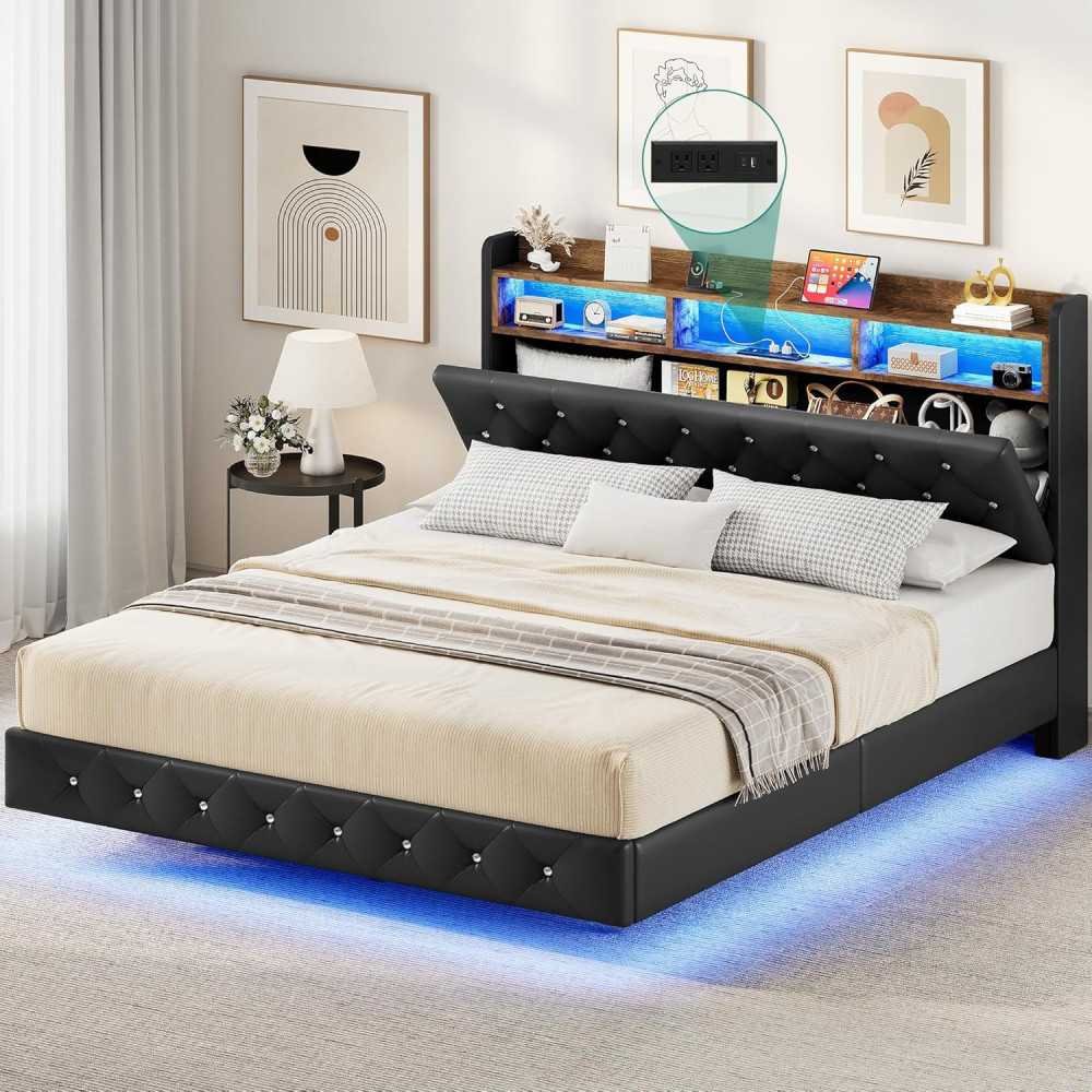 Modern Metal Bed Frame with Headboard, Charging Station, and LED for Storage and Serenity