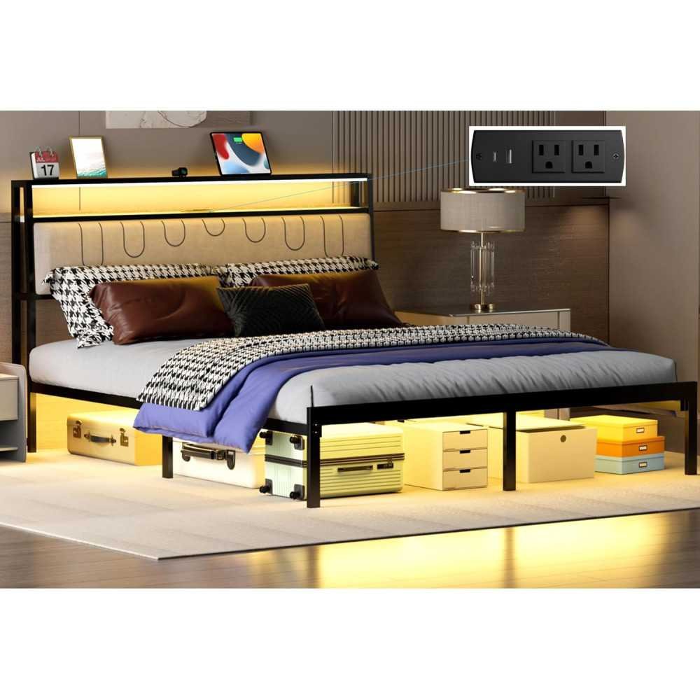 Luxury Metal Platform Bed with Headboard, Charging Station, and Storage Shelves – No Box Spring Required