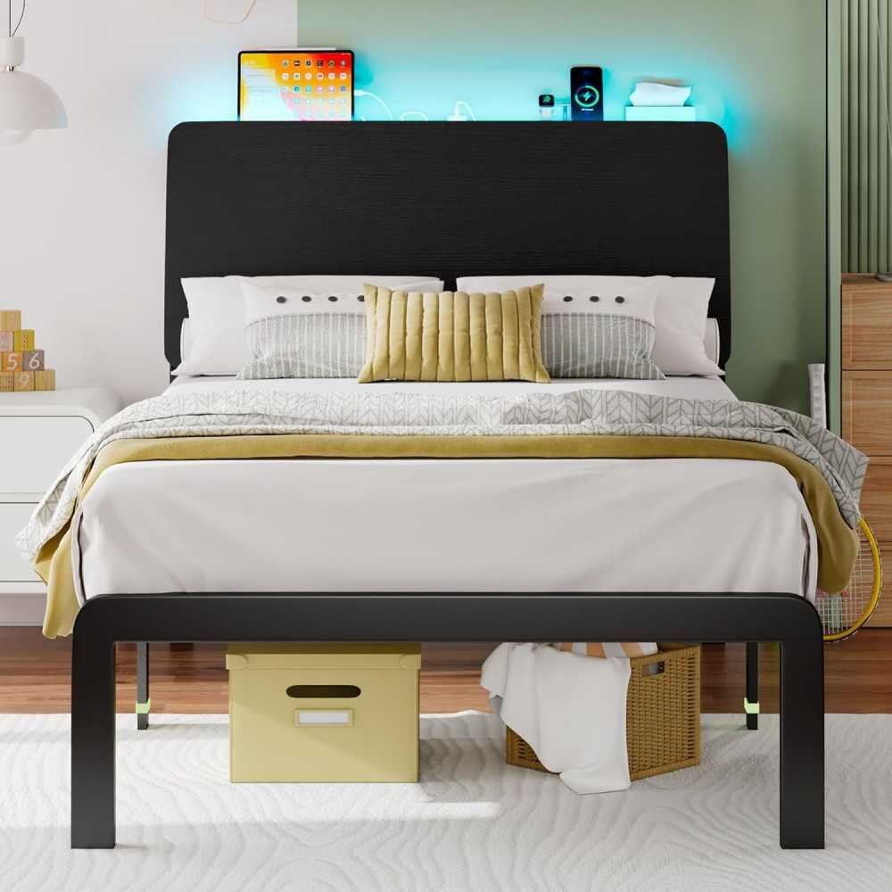 Smart LED Bed Frame with Ergonomic Storage Headboard and Charging Station - Effortless Assembly, No Box Spring Required | TekChoice Electronics