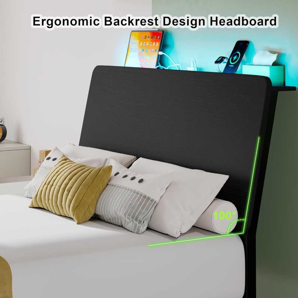 Smart LED Bed Frame with Ergonomic Storage Headboard and Charging Station - Effortless Assembly, No Box Spring Required | TekChoice Electronics