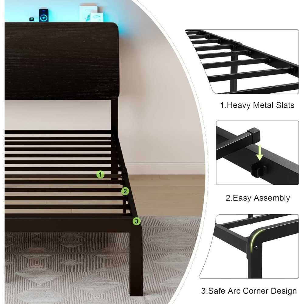 Smart LED Bed Frame with Ergonomic Storage Headboard and Charging Station - Effortless Assembly, No Box Spring Required | TekChoice Electronics