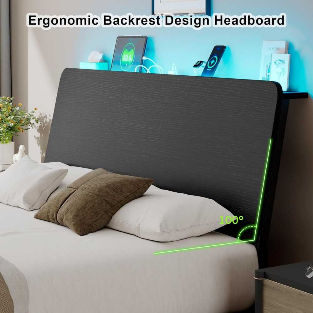 Smart LED Bed Frame with Ergonomic Storage Headboard and Charging Station - Effortless Assembly, No Box Spring Required | TekChoice Electronics