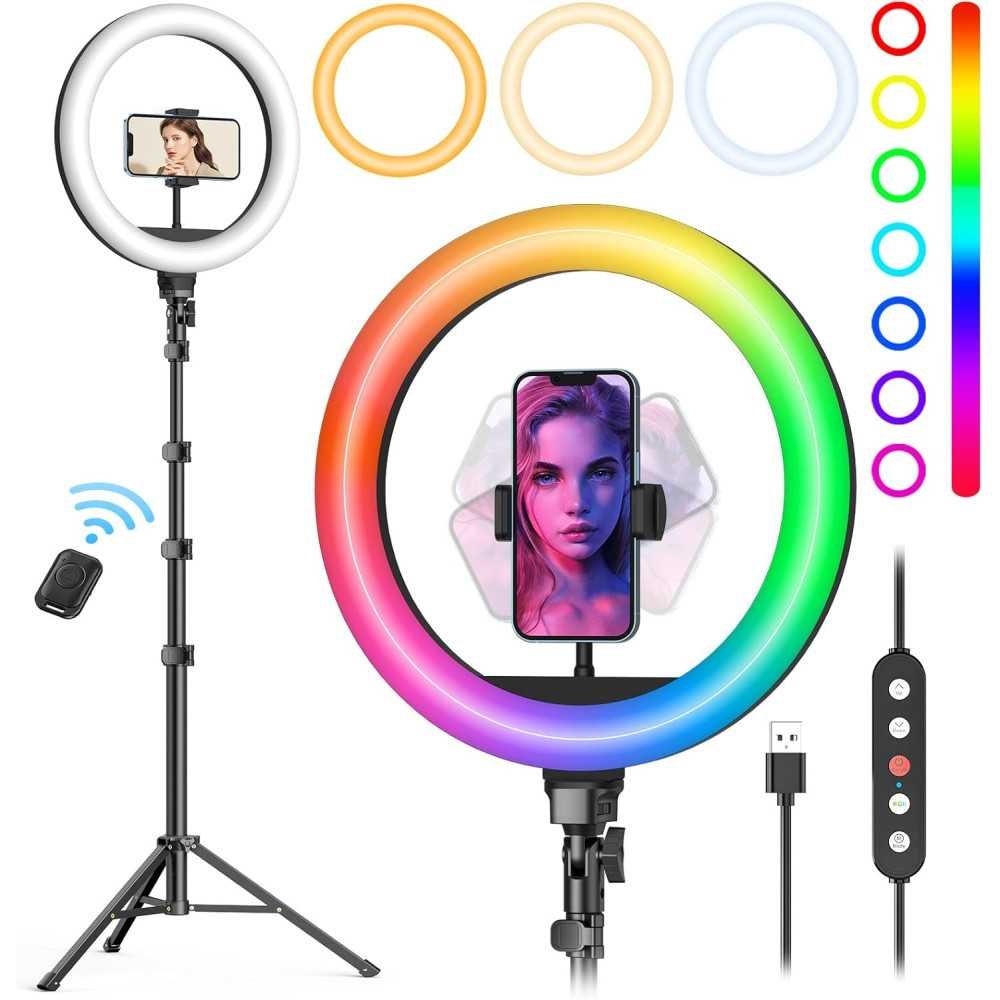 12 inch RGB Selfie Ring Light with 62 inch Tripod Stand for Professional Live Streaming and Content Creation