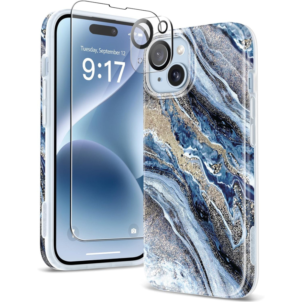 Marble iPhone 15 Case, Complete w/ Screen Protector and Camera Lens Protector