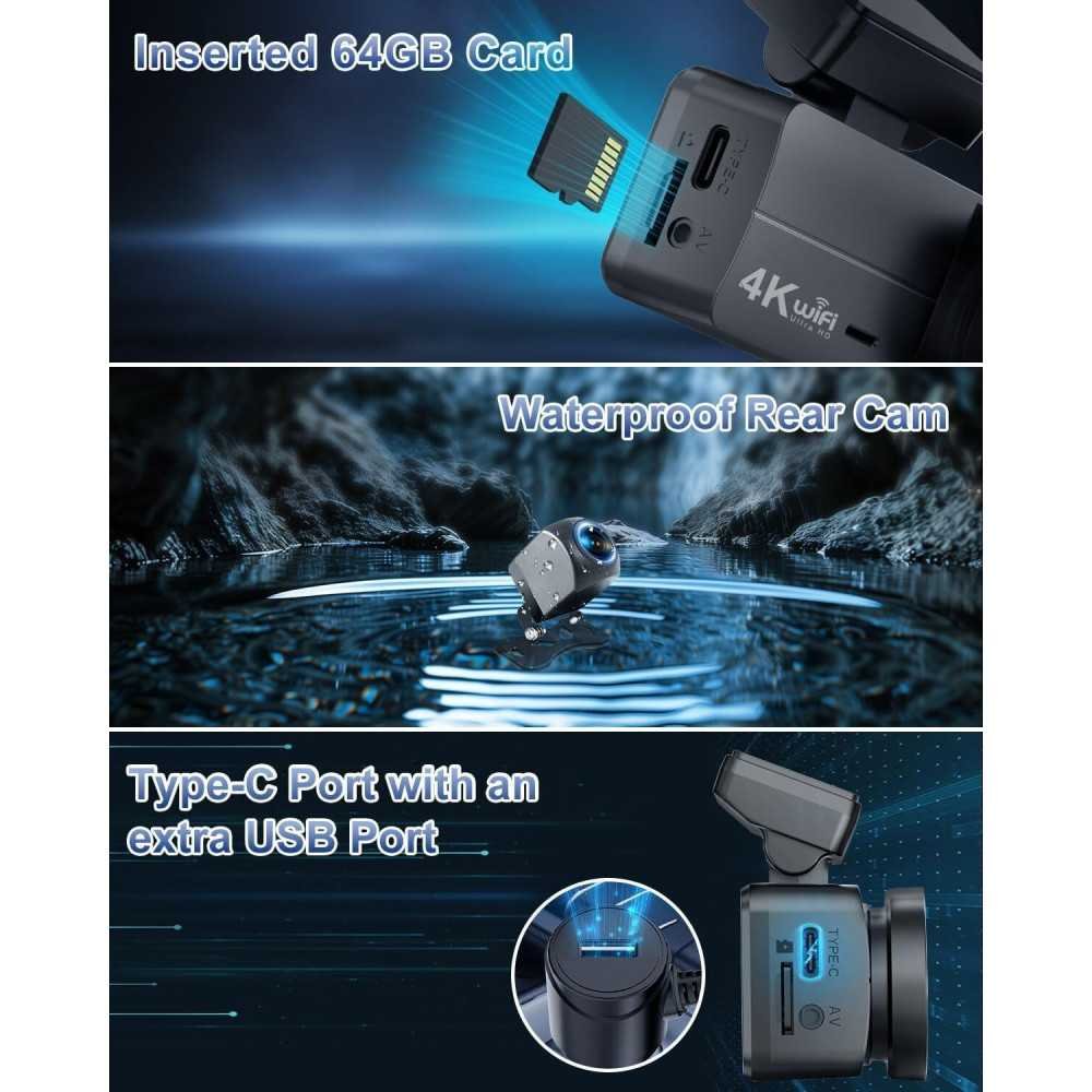 4K Plus 1080P WiFi Dash Cam with Front and Rear Cameras, App Control, and Smart Parking Monitor | TekChoice Electronics