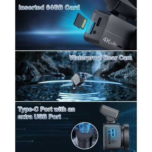 4K Plus 1080P WiFi Dash Cam with Front and Rear Cameras, App Control, and Smart Parking Monitor | TekChoice Electronics
