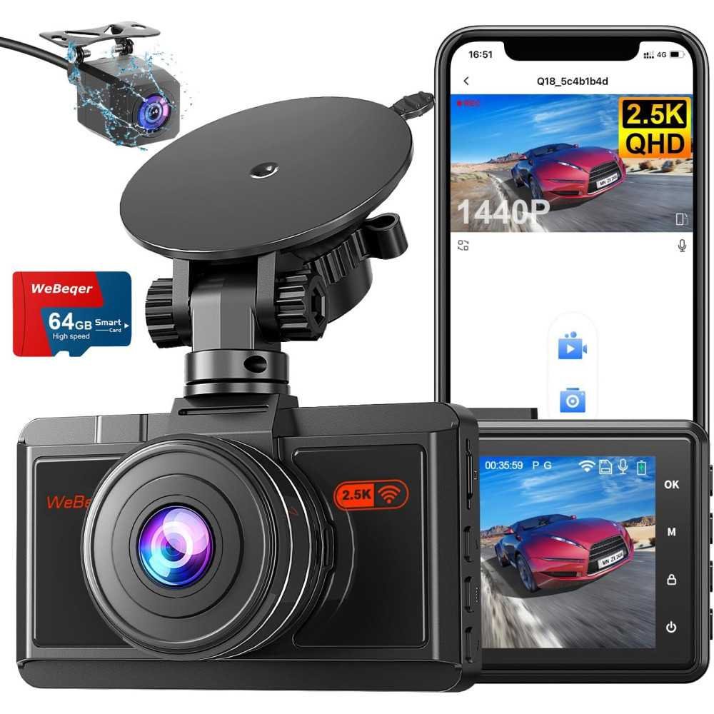 Dual Dash Cam with 2.5K Front and 1080P Rear Camera, WiFi Connectivity, and Advanced Safety Features