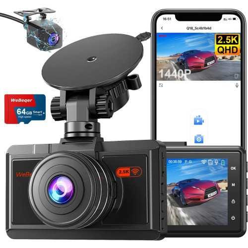 Dual Dash Cam with 2.5K Front and 1080P Rear Camera, WiFi Connectivity, and Advanced Safety Features