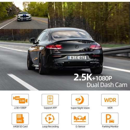 Dual Dash Cam with 2.5K Front and 1080P Rear Camera, WiFi Connectivity, and Advanced Safety Features