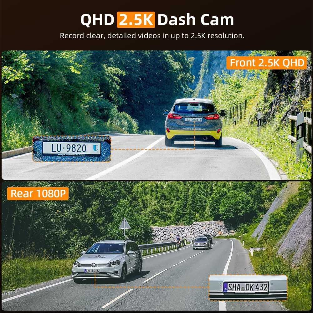 Dual Dash Cam with 2.5K Front and 1080P Rear Camera, WiFi Connectivity, and Advanced Safety Features