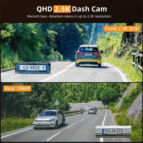 Dual Dash Cam with 2.5K Front and 1080P Rear Camera, WiFi Connectivity, and Advanced Safety Features