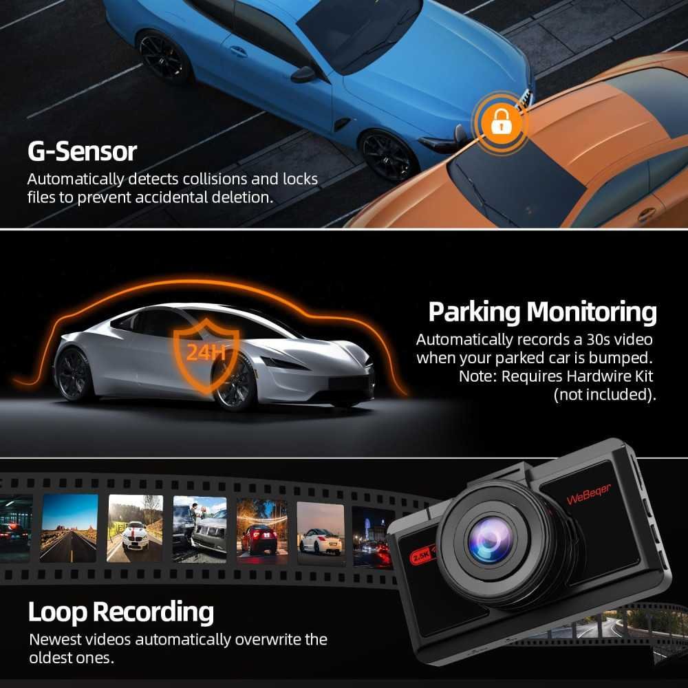 Dual Dash Cam with 2.5K Front and 1080P Rear Camera, WiFi Connectivity, and Advanced Safety Features